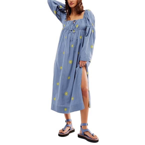 FREE PEOPLE MORY EMBROIDERED MIDI DRESS IN BLUE COMBO - Picture 2 of 6